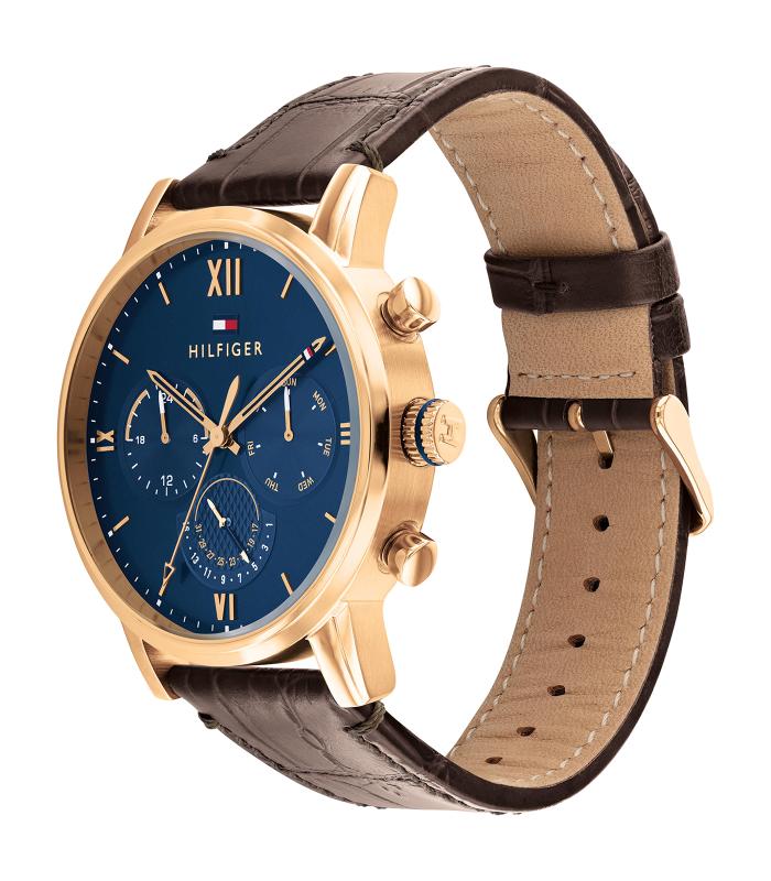 Tommy Hilfiger - Dress - Homme -  Bracelet Brun -  Cadran Bleu - Boitier Or Rose