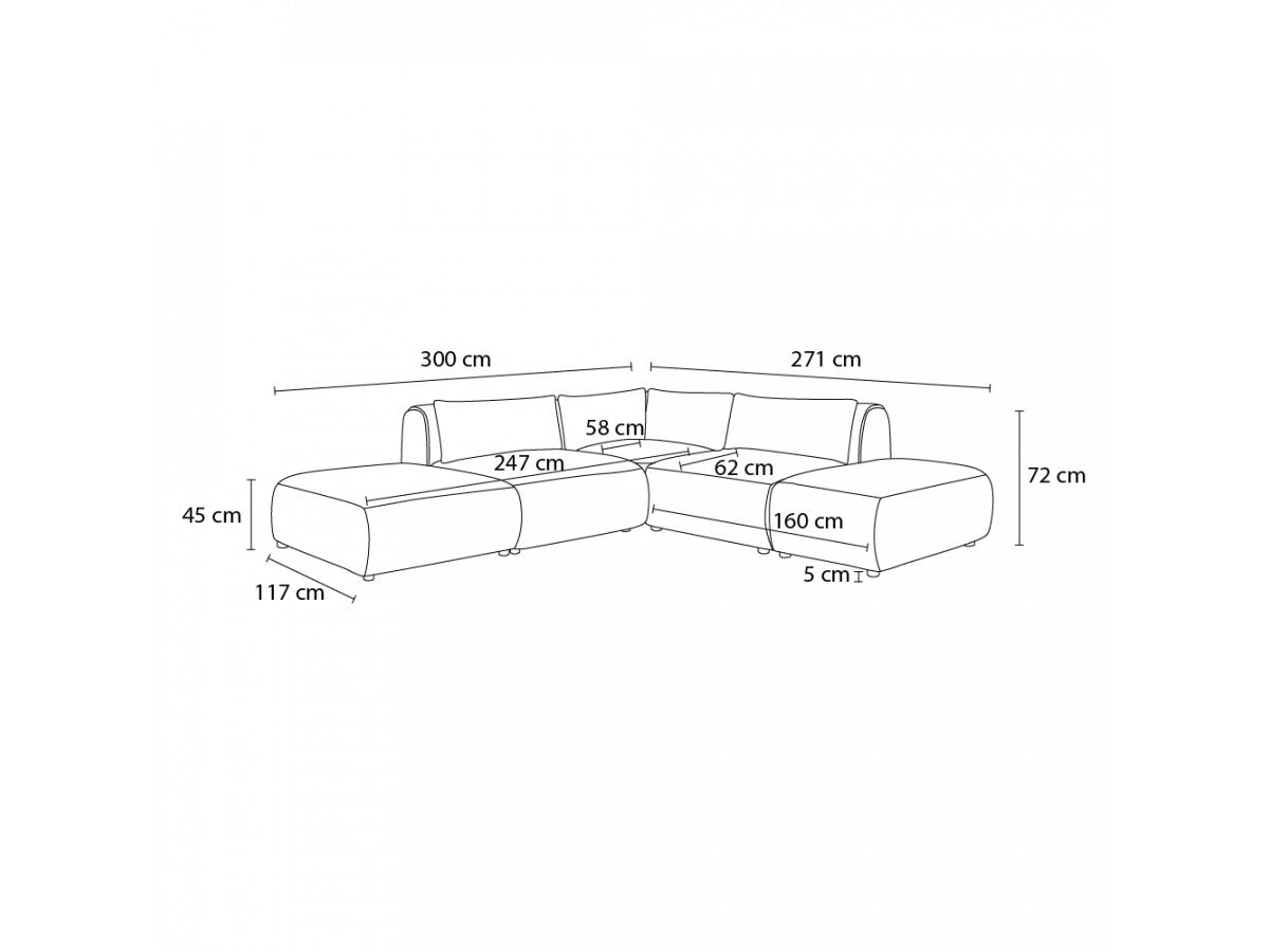 Canapé d'angle fixe modulable JEANNE tissu velours avec 2 chauffeuses, 1 angle et 2 poufs