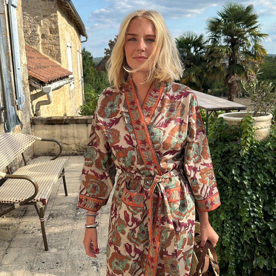 Kimono Madras Orange en voile de coton