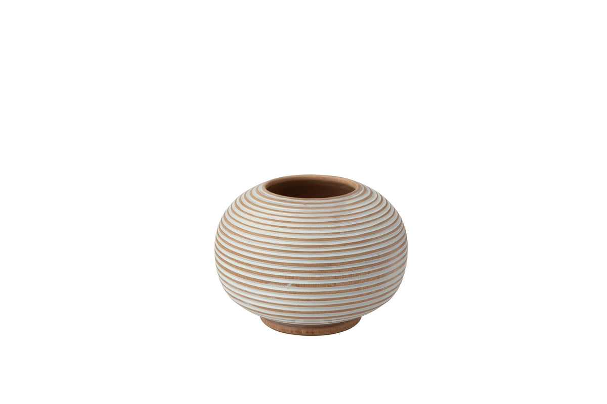 White Striped Kiln Mango Wood Round Vase