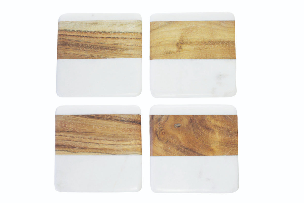 White Marble &amp; Wood Square Coasters, Set of 4