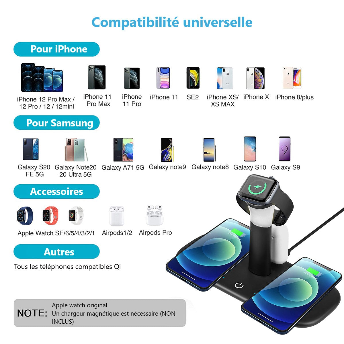 Chargeur Sans Fil 3 En 1 - Noir 