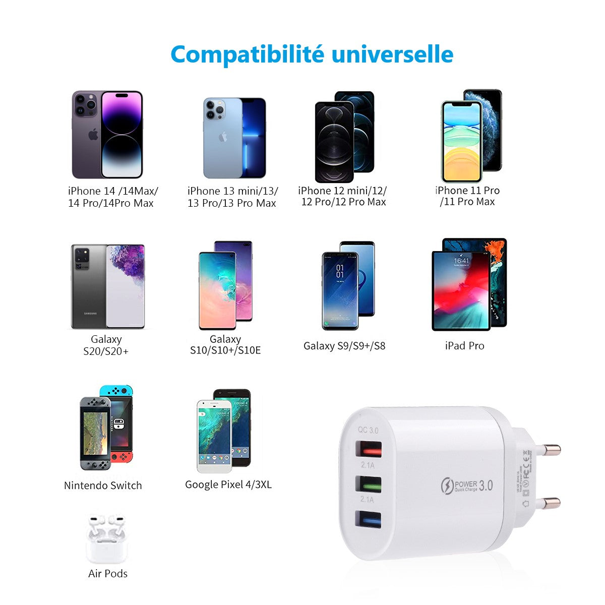 Chargeur Secteur 3 Ports Usb  - Blanc