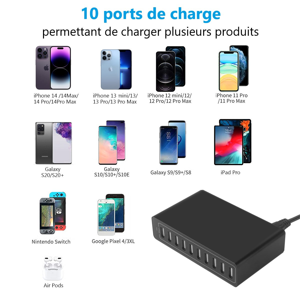 Chargeur Usb A 10 Ports - Noir