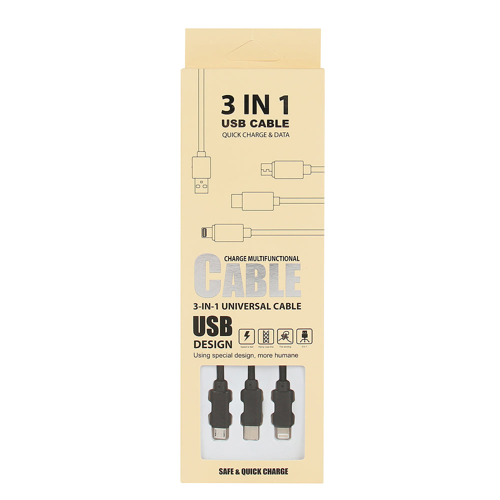 Cable 3 En 1 (Lightenning/Micro Usb/ Usb-C) - Noir 