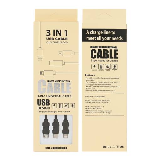Cable 3 En 1 (Lightenning/Micro Usb/ Usb-C) - Noir 