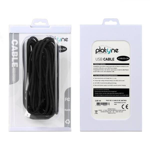Pack De 3 Cables Usb Vers Lightning 2 Metres - Noir
