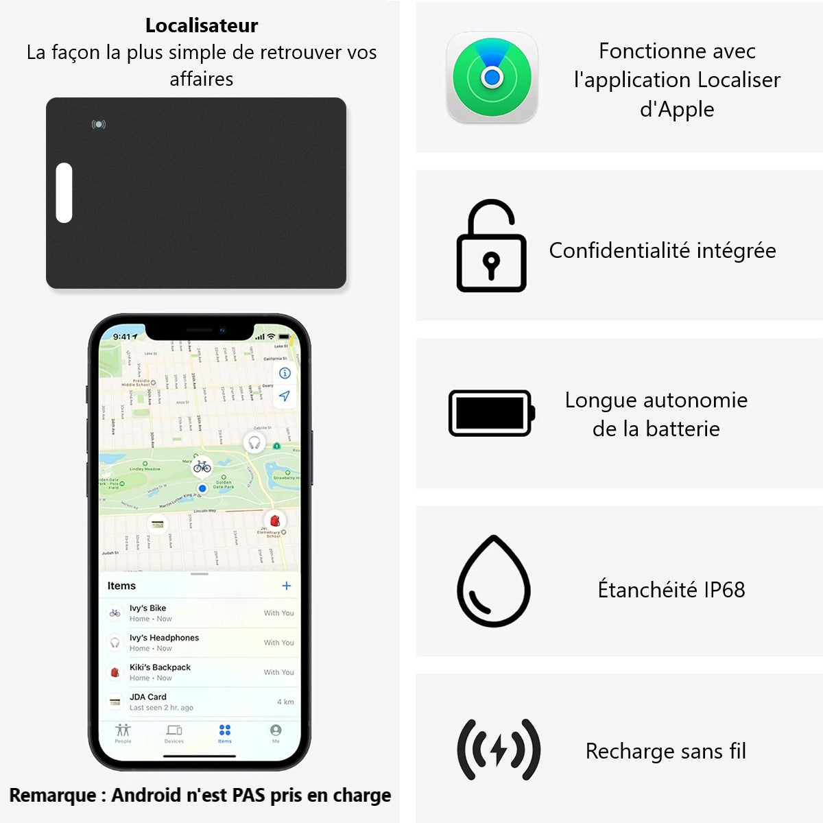 Carte De Suivi, Smart Airtag Card Compatible Avec Apple Find My (Ios Uniquement) - Noir