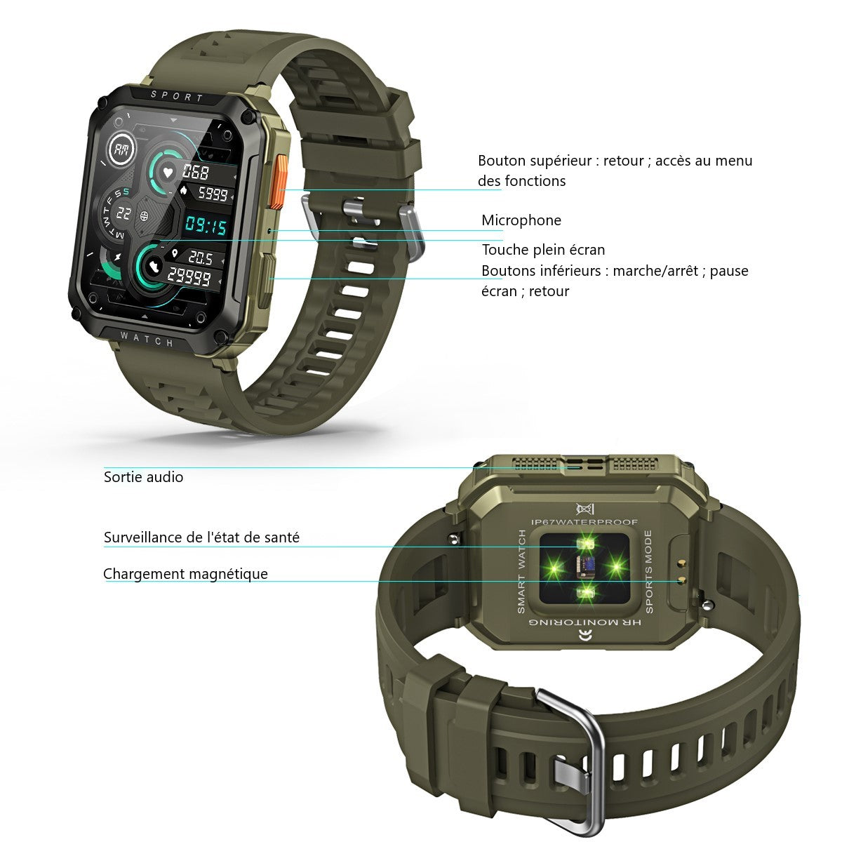 Montre Connectee Multifonctions - Kaki