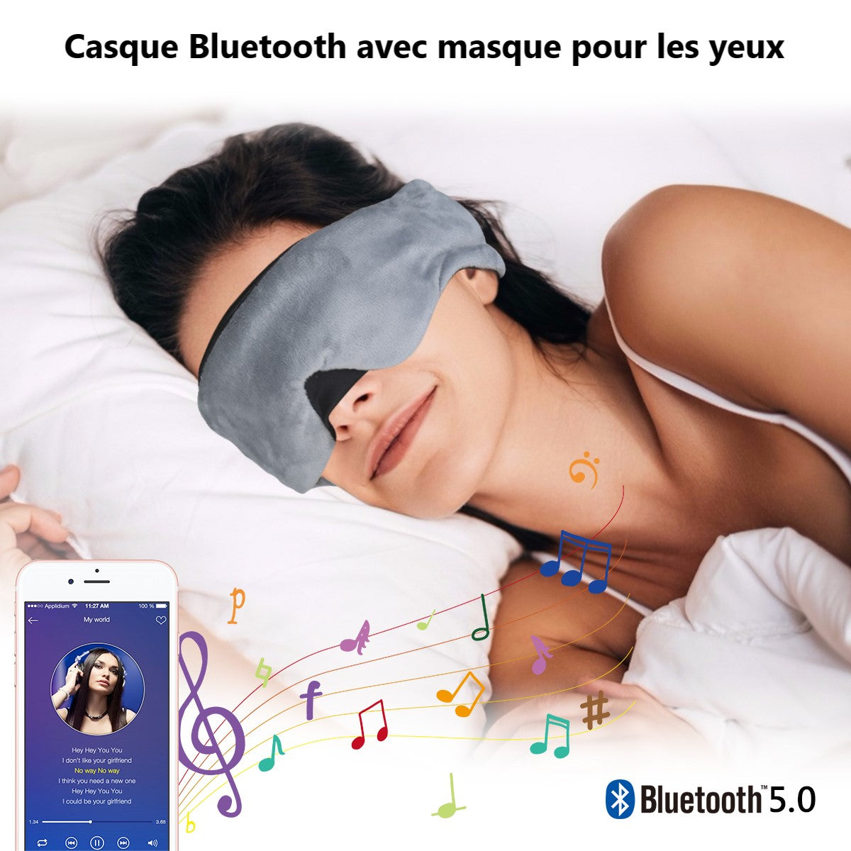 Masque De Sommeil  Avec Casque Bluetooth Integree - Gris