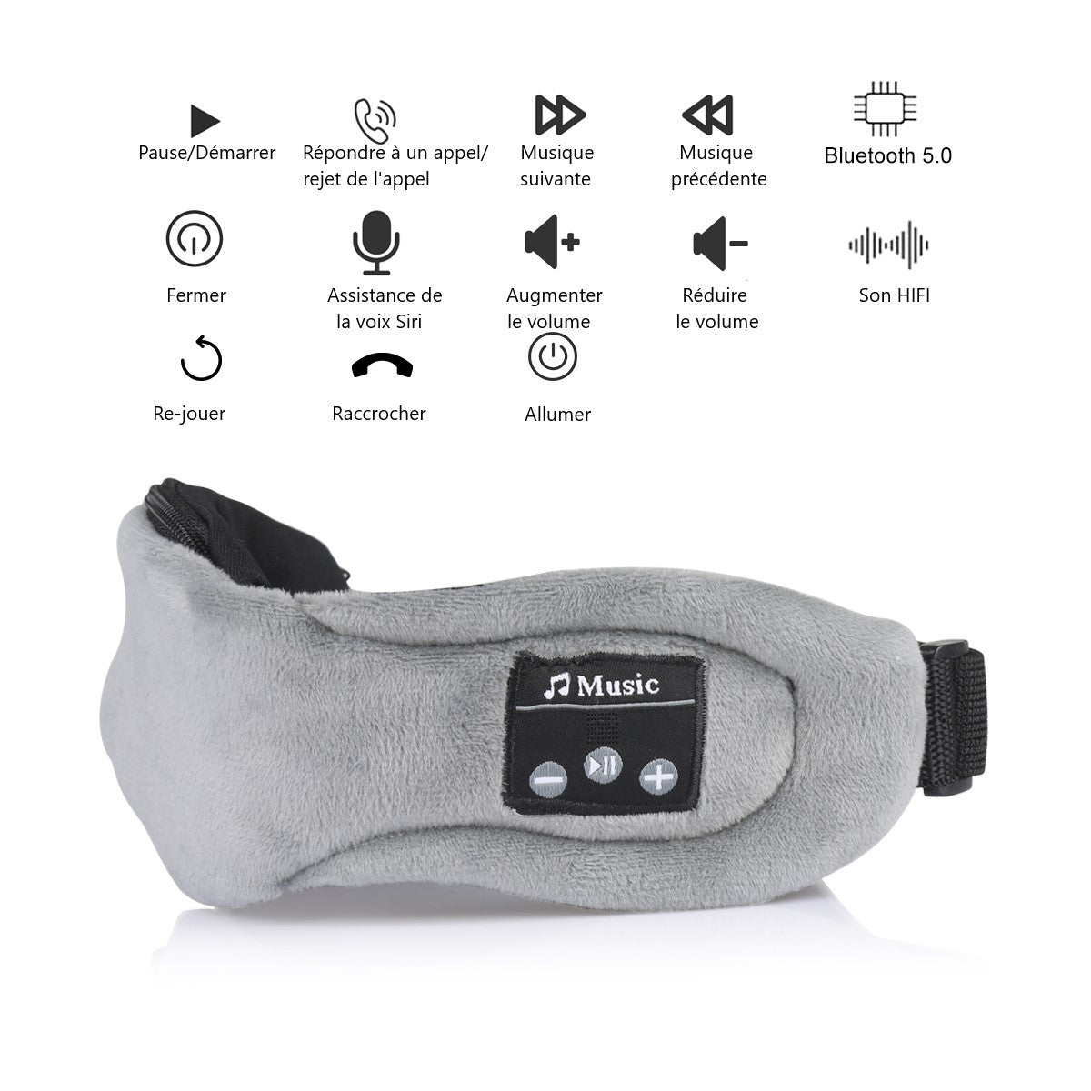 Masque De Sommeil  Avec Casque Bluetooth Integree - Gris