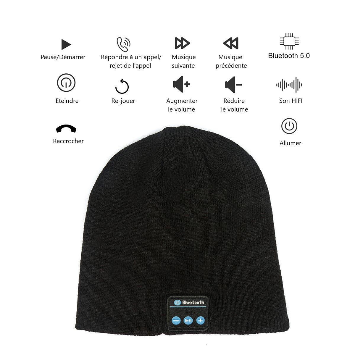 Bonnet Avec Casque Bluetooth Integree - Noir 