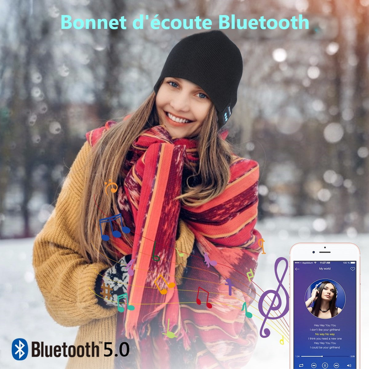 Bonnet Avec Casque Bluetooth Integree - Noir 