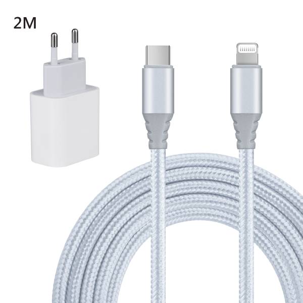 Pack Chargeur Secteur Universel + Cable Usb-C Vers Lightening 2 Mètres - Blanc 