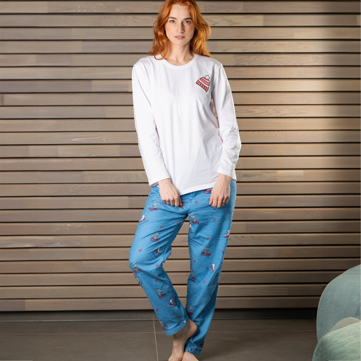 Pyjama Flannelle Et Jersey - Women - Blanc Et Bleu