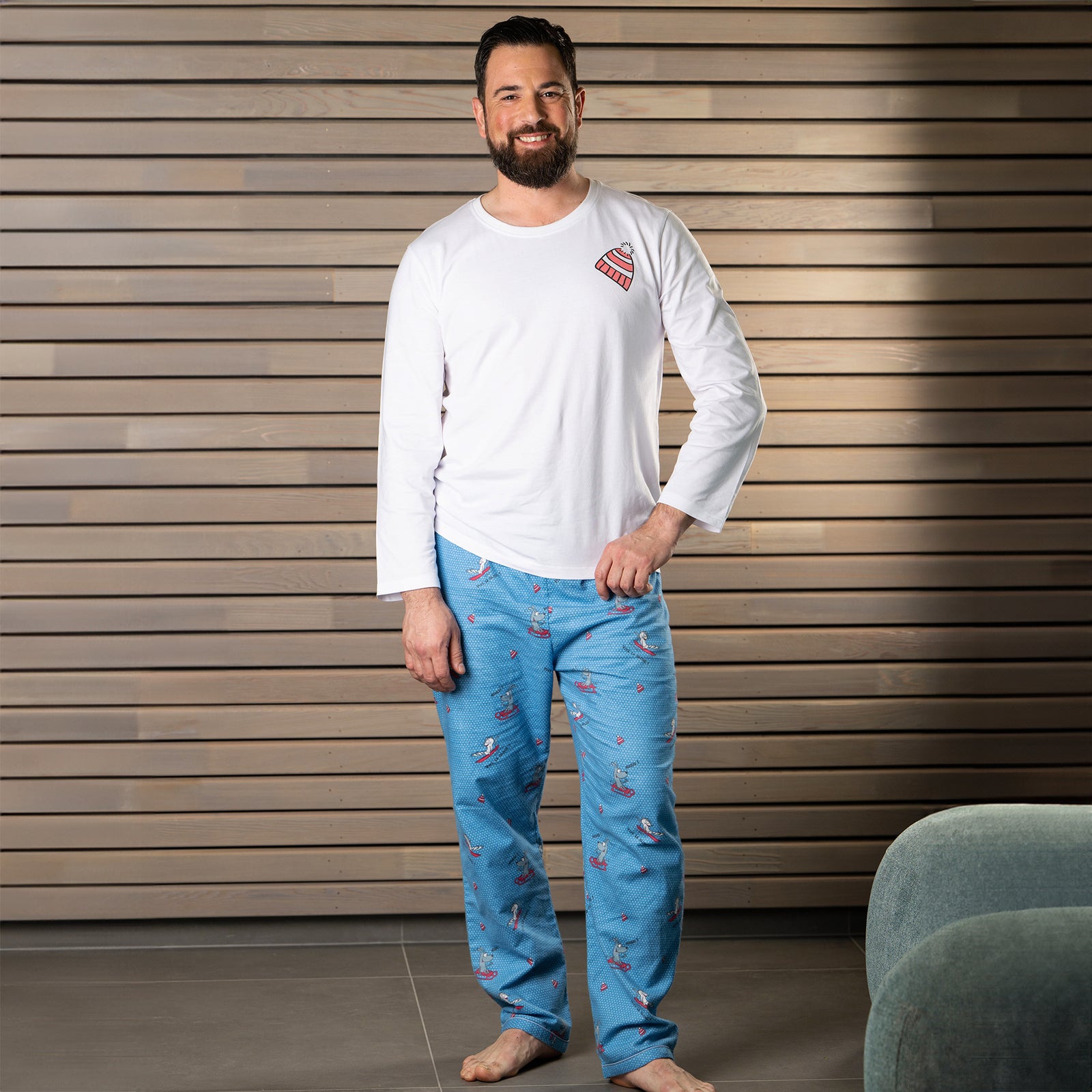 Pyjama Flannelle Et Jersey - Men - Blanc Et Bleu