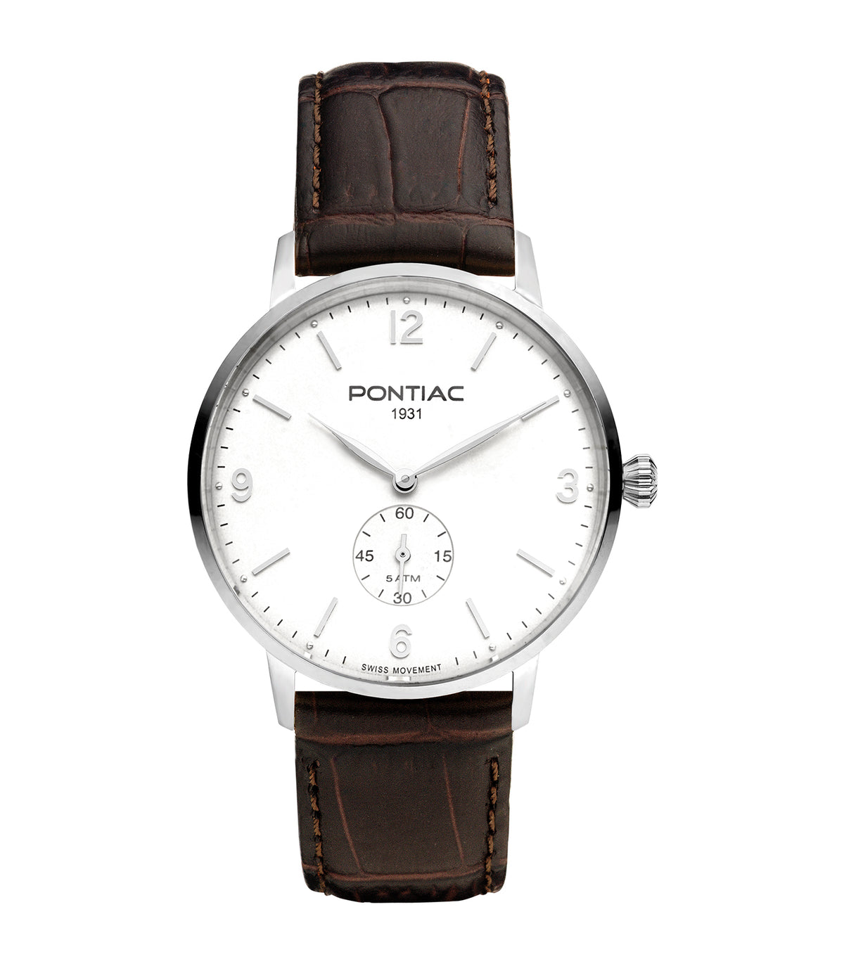 Pontiac - Arthur - Man - Bracelet Brun - Cadran Blanc - Boitier Argenté