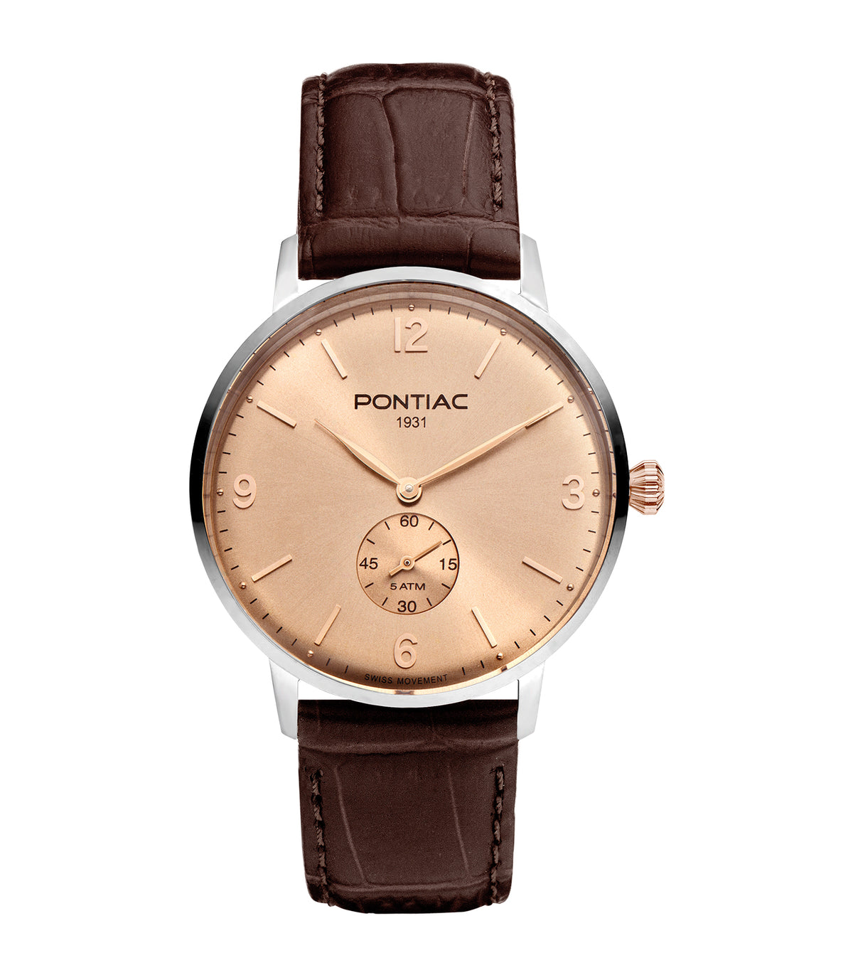 Pontiac - Arthur - Man - Bracelet Brun - Cadran Or Rose - Boitier Acier / Or Rose