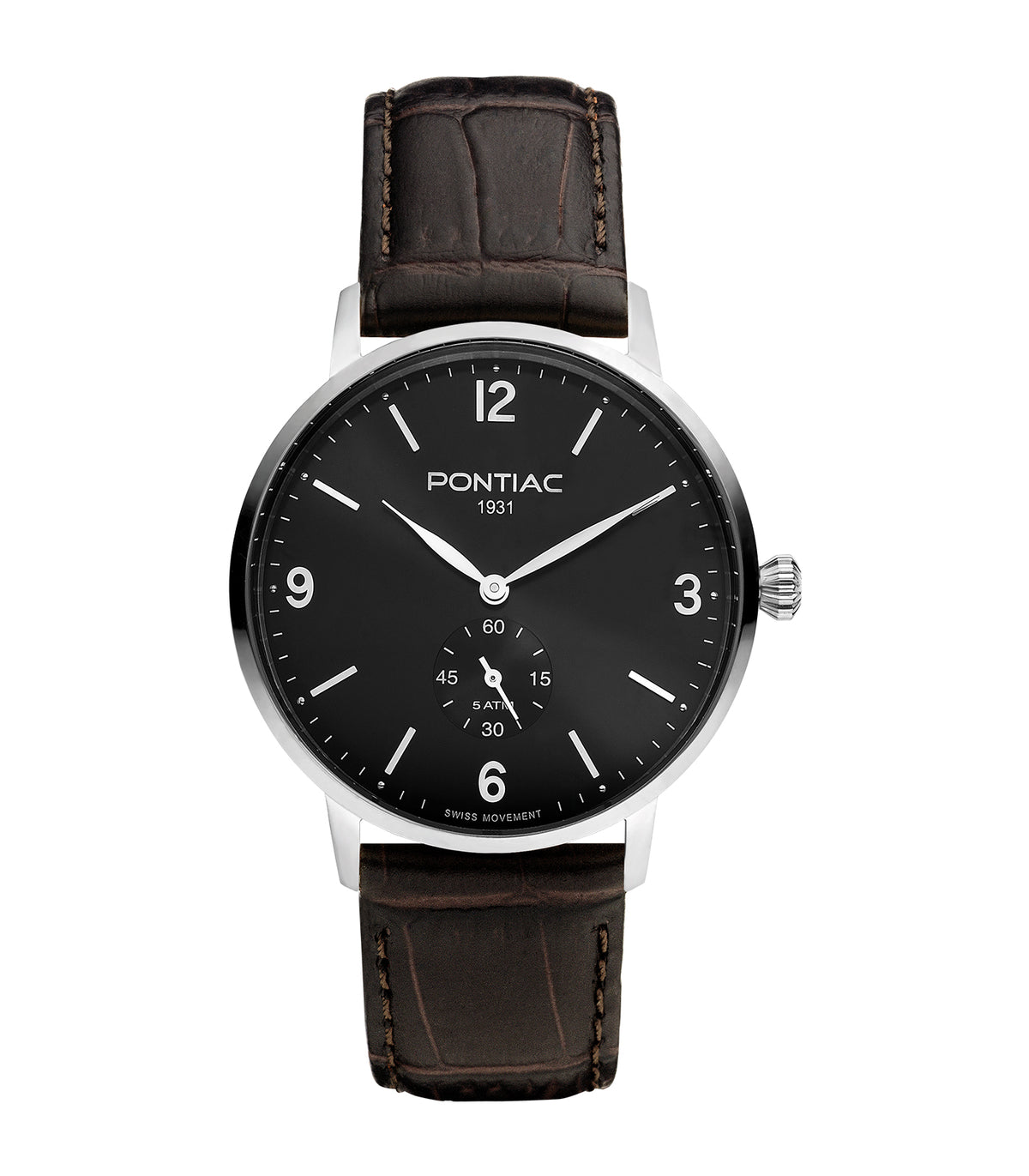 Pontiac - Arthur - Man - Bracelet Brun - Cadran Noir - Boitier Argenté