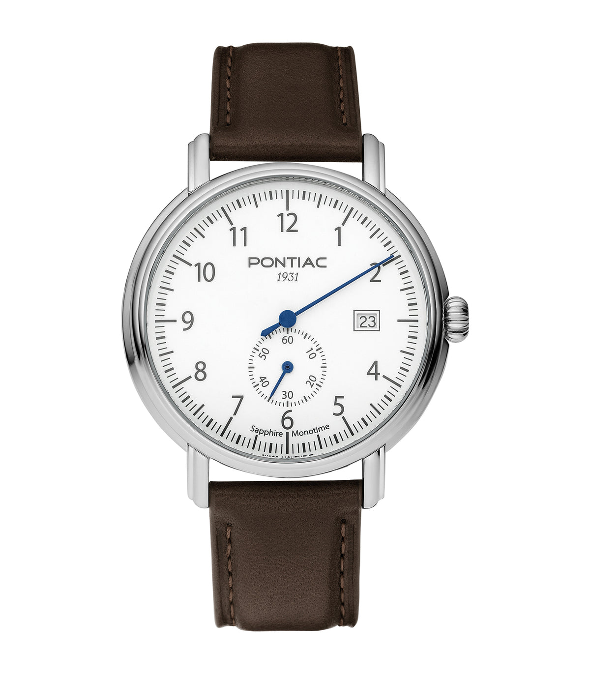 Pontiac - Monotime - Man - Bracelet Brun - Cadran Blanc - Boitier Argenté