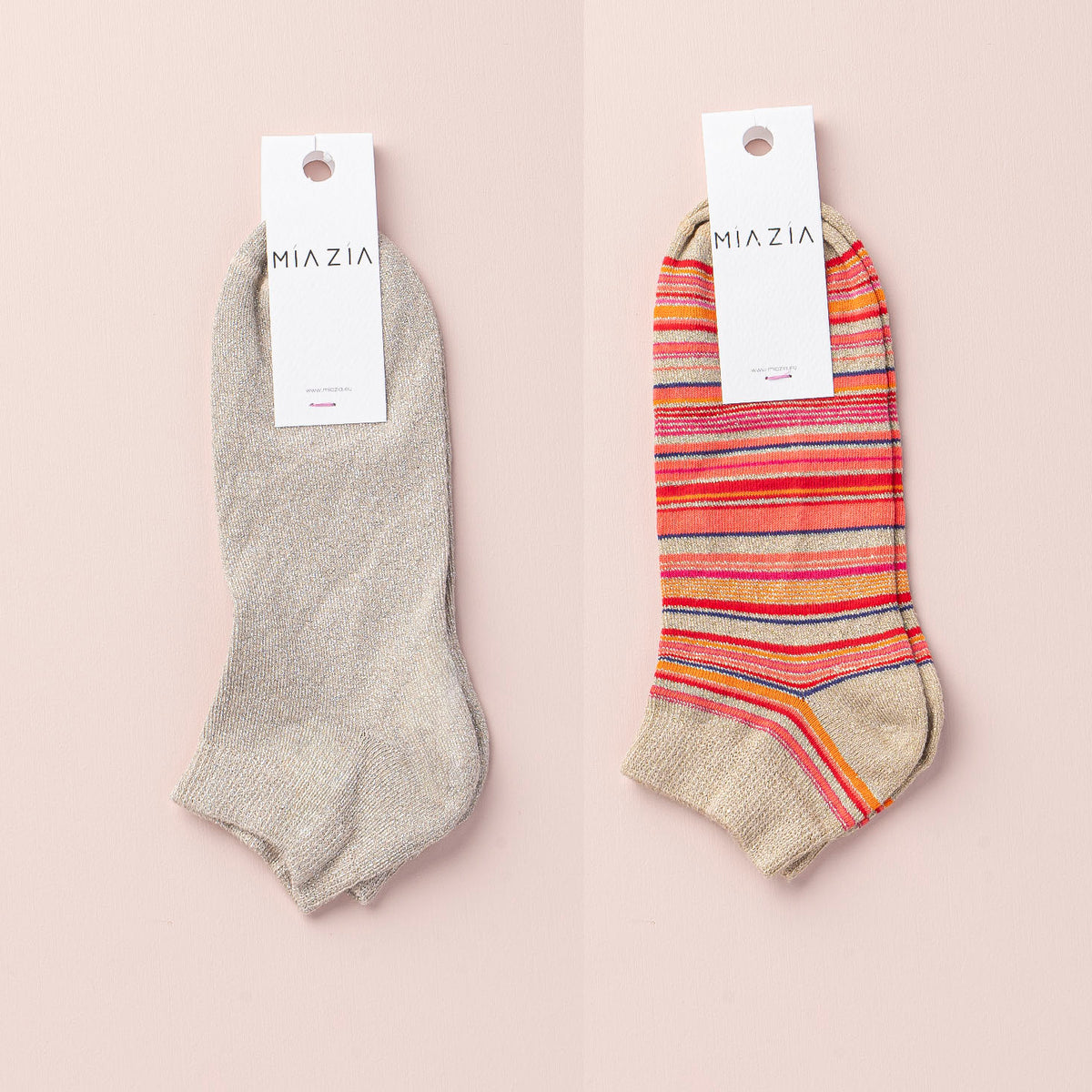 Mia Zia - Pack de 2 paires de chaussettes Sneakers Beige glitter , uni + rayé