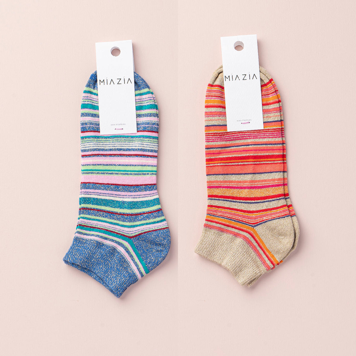 Mia Zia - Pack de 2 paires de chaussettes Sneakers glitter rayé :Beige &amp;  Blue 