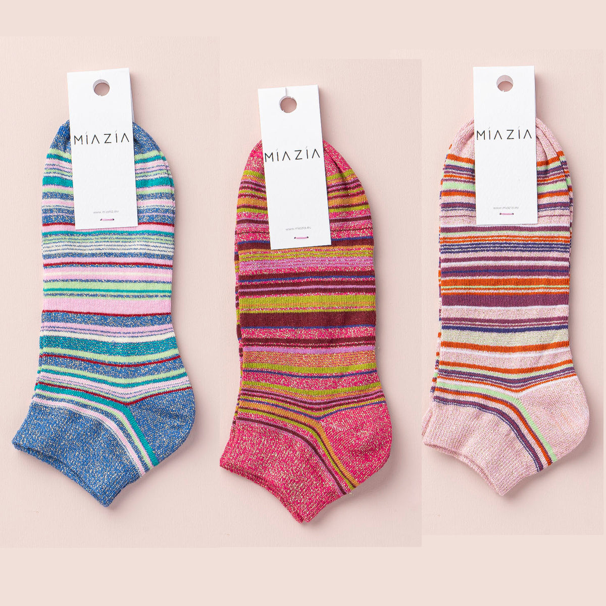 Mia Zia - Pack de 3 paires de chaussettes Sneakers glitter rayé : Blue , Pink &amp; Fushia