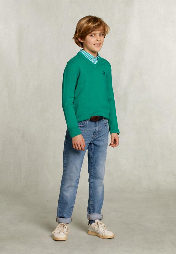 Normal Fit Basic V-Neck Pullover Green Twist Mix - Vert