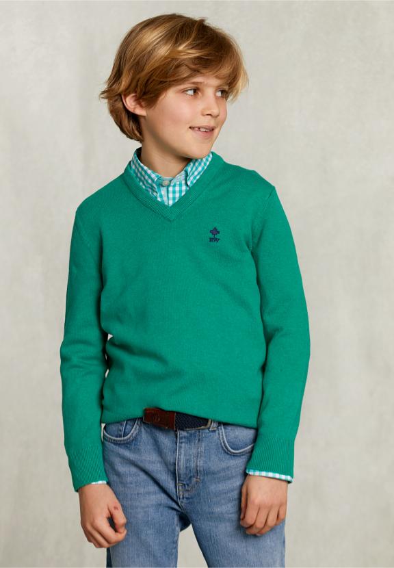 Normal Fit Basic V-Neck Pullover Green Twist Mix - Vert