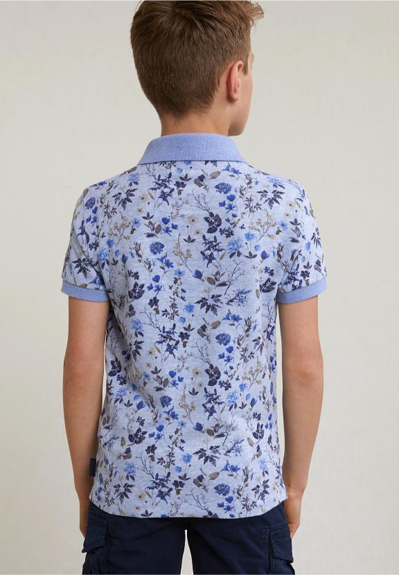 Custom Fit Cotton-Linen Floral Polo Chambray Mix - Bleu