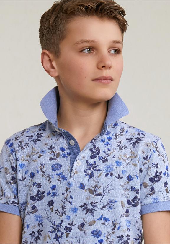 Custom Fit Cotton-Linen Floral Polo Chambray Mix - Bleu