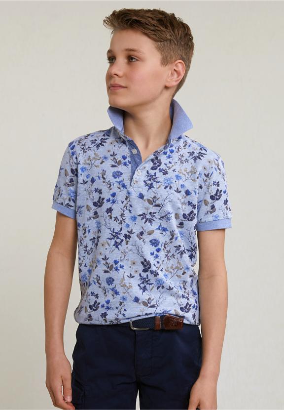 Custom Fit Cotton-Linen Floral Polo Chambray Mix - Bleu