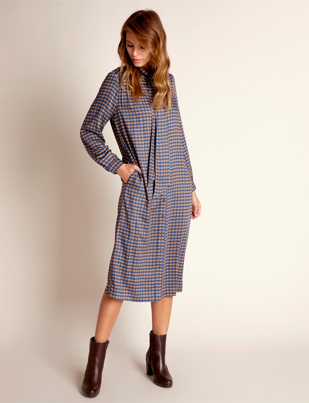 Viscose Mock Neck Shirt Dress In Blue - Bleu