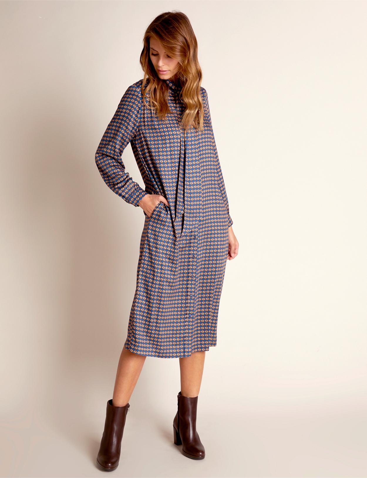 Viscose Mock Neck Shirt Dress In Blue - Bleu