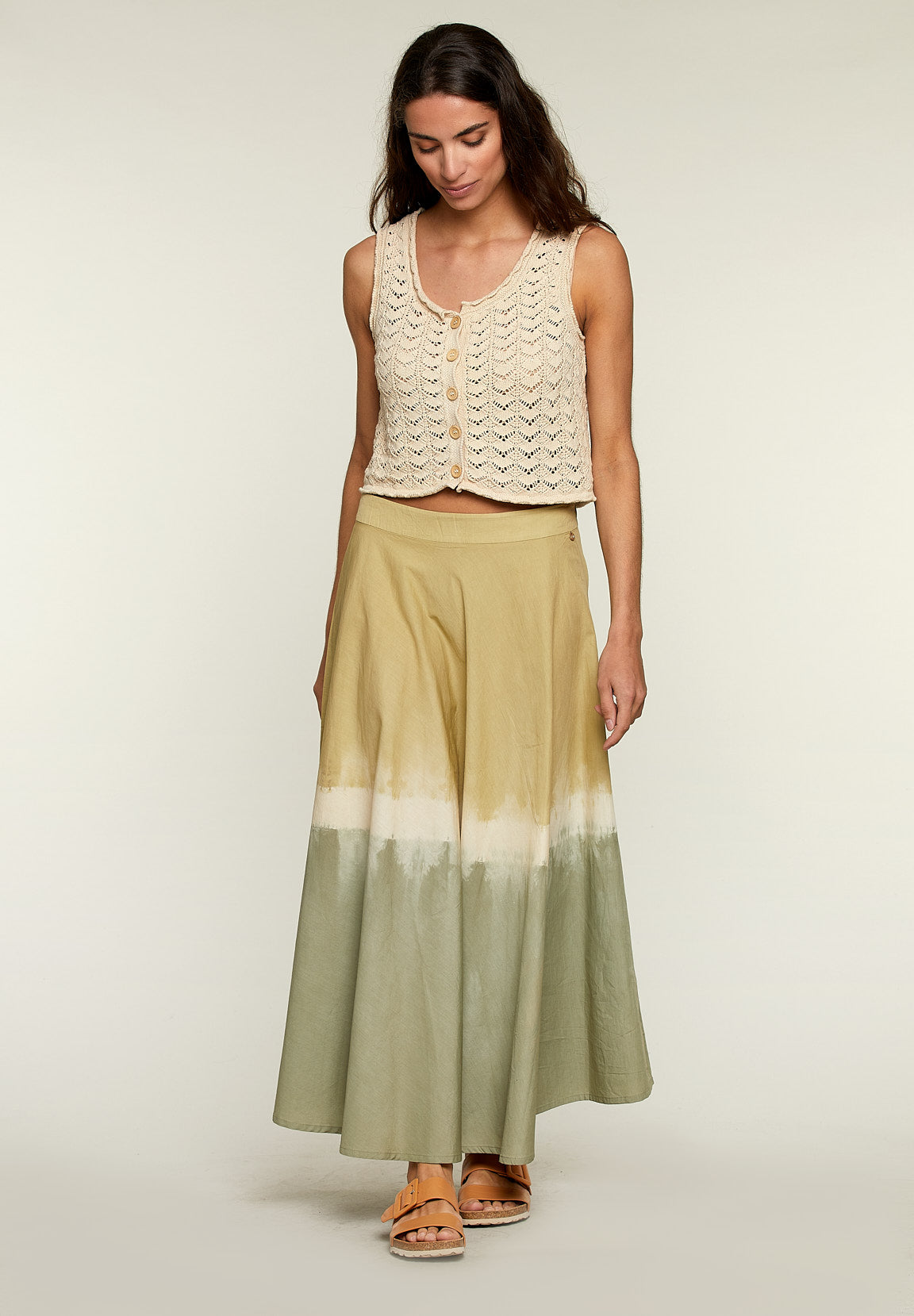 Long Tie &amp; Dye Cotton Skirt - Green - W