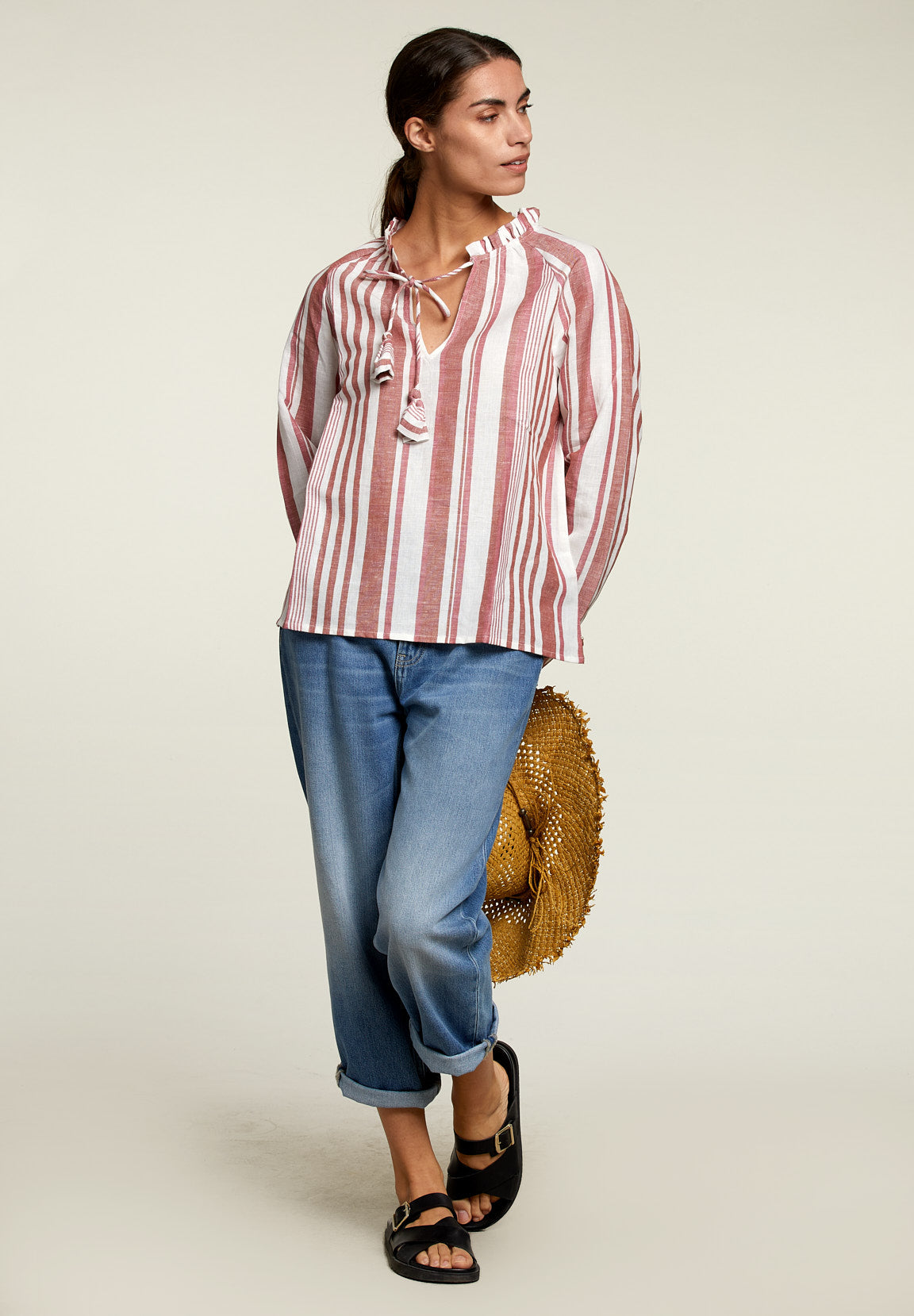 Red/White Striped Shirt With Tassels - Pink