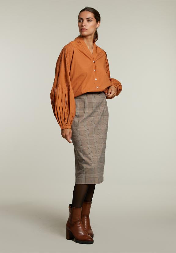 Brown Blouse Balloon Sleeves - Orange
