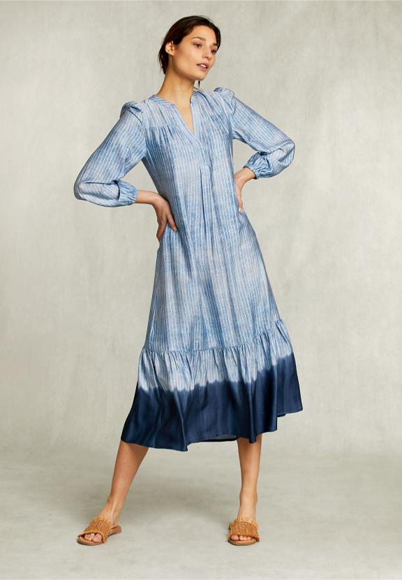 Blue Long Ruffled Tie-Dye Dress - Bleu