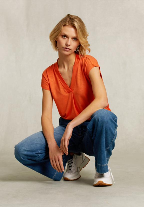 Orange V-Neck T-Shrirt Short Sleeves - Orange