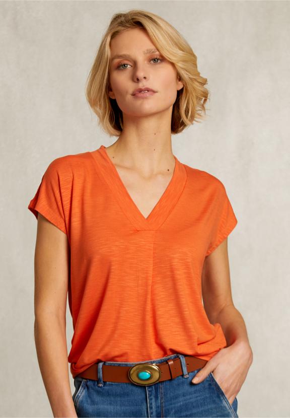 Orange V-Neck T-Shrirt Short Sleeves - Orange
