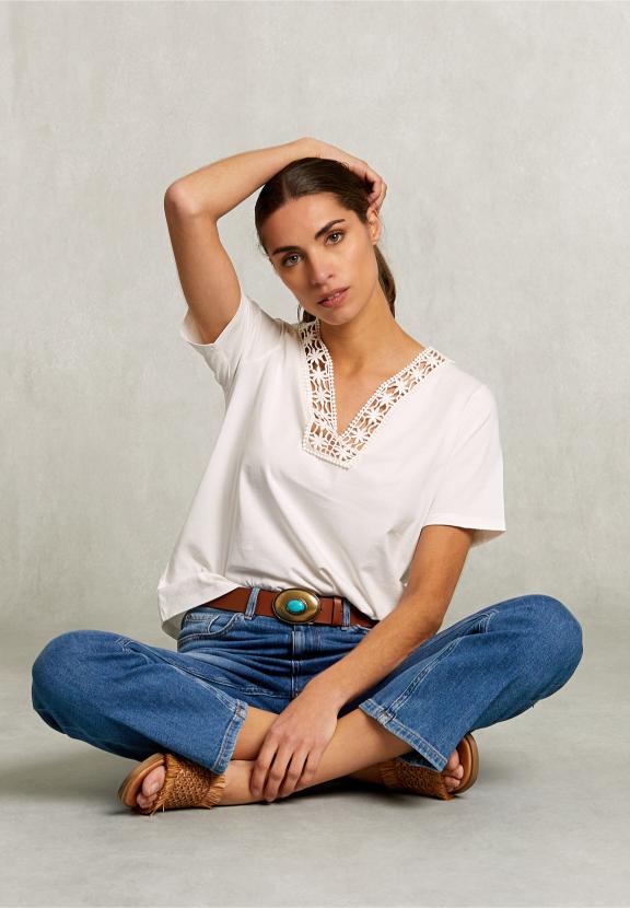 White V-Neck T-Shirt Short Sleeves - Blanc