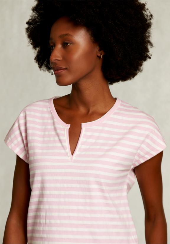 Off White/Pink Striped V-Neck T-Shirt - Rose