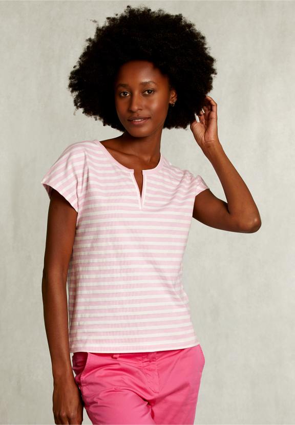Off White/Pink Striped V-Neck T-Shirt - Rose