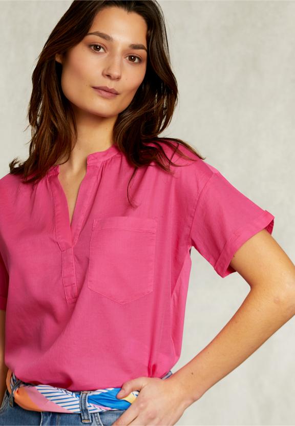 Fushia V-Neck Blouse With Pocket - Rose