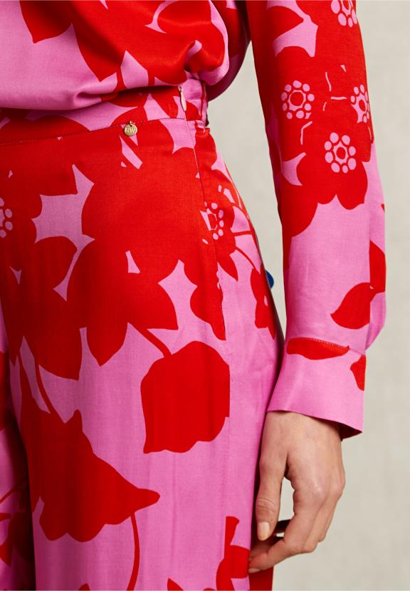 Red/Pink Floral Pants Elastic Waist - Rose
