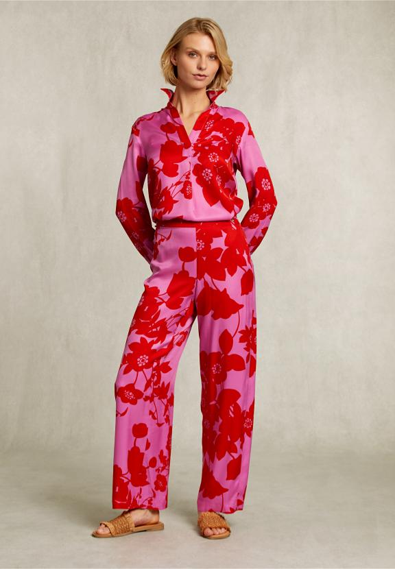Red/Pink Floral Pants Elastic Waist - Rose