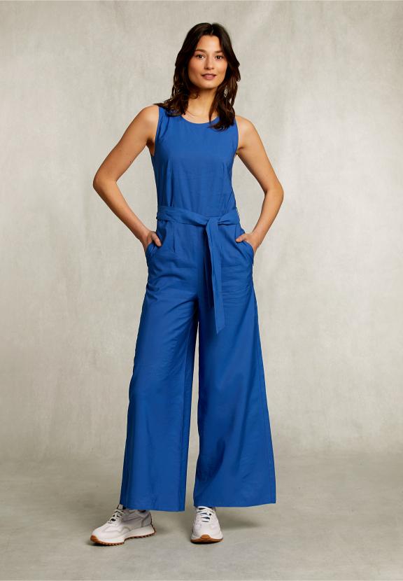 Blue Belted Sleeveless Jumpsuit - Bleu