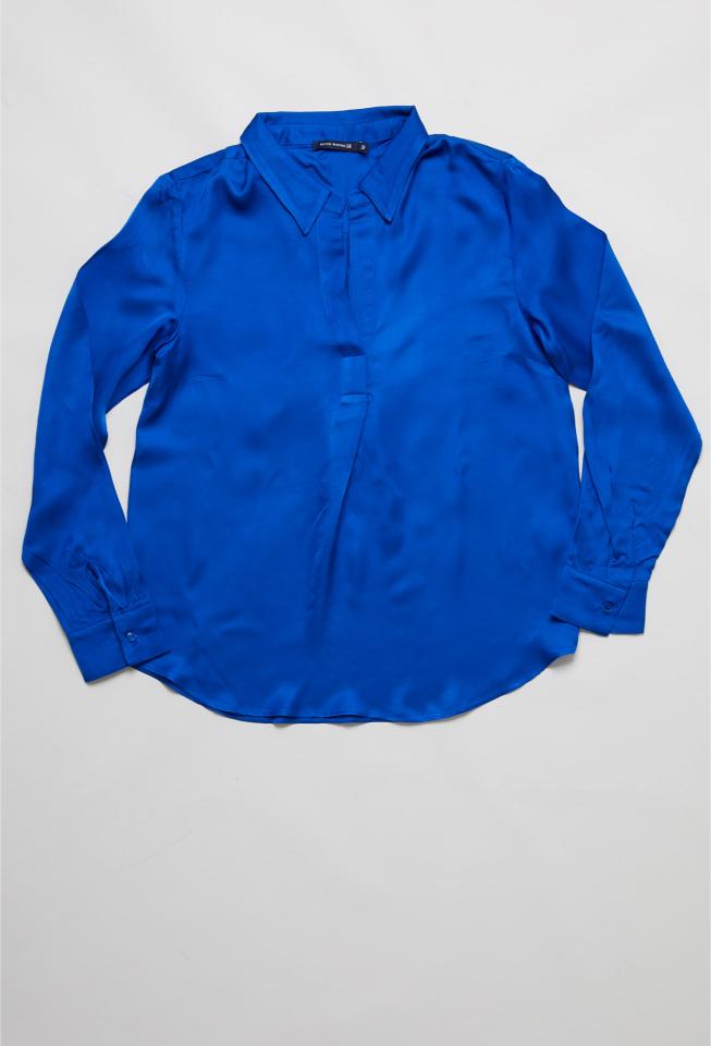 Blue Uni Satin Blouse Long Sleeves - Bleu