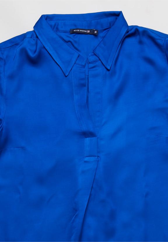 Blue Uni Satin Blouse Long Sleeves - Bleu