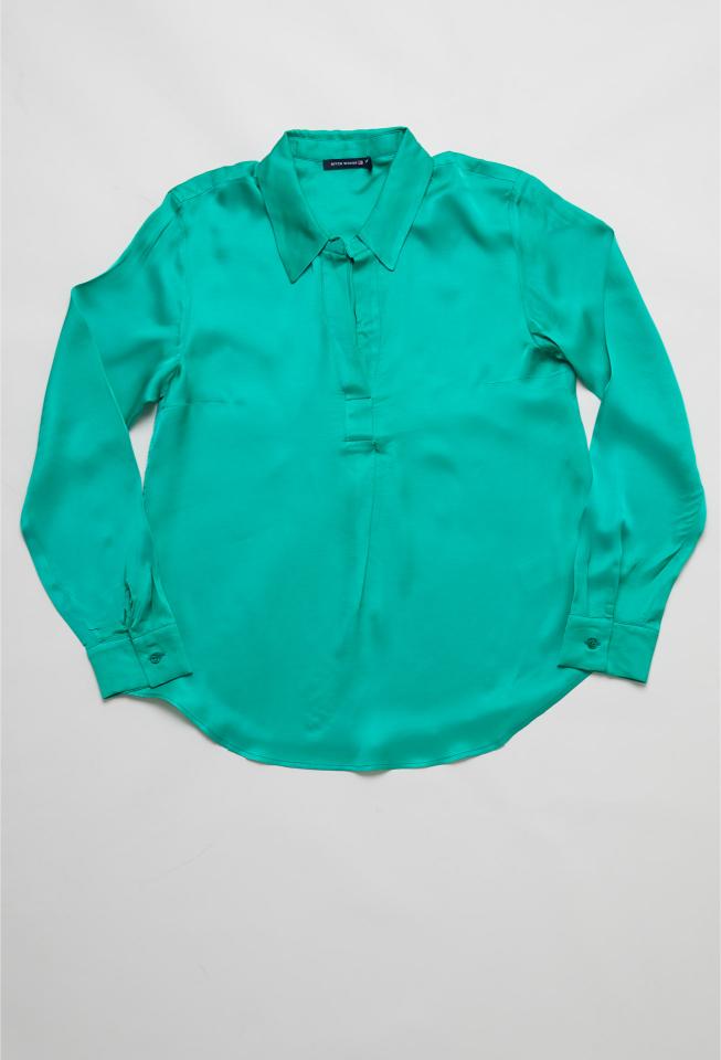 Green Uni Satin Blouse Long Sleeves - Vert